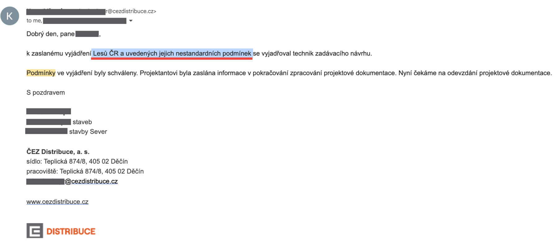E-mail ČEZ Distribuce k nestandardním podmínkám Lesů ČR