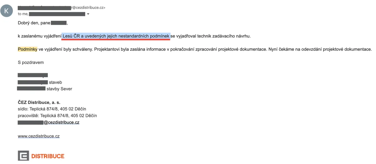 E-mail ČEZ Distribuce k nestandardním podmínkám Lesů ČR