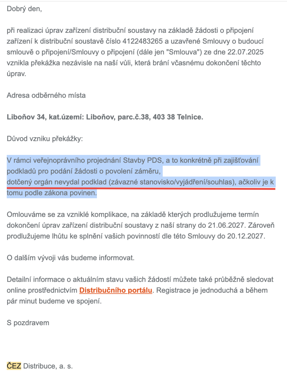 Vyjádření ČEZ Distribuce k překážce při povolovacím procesu