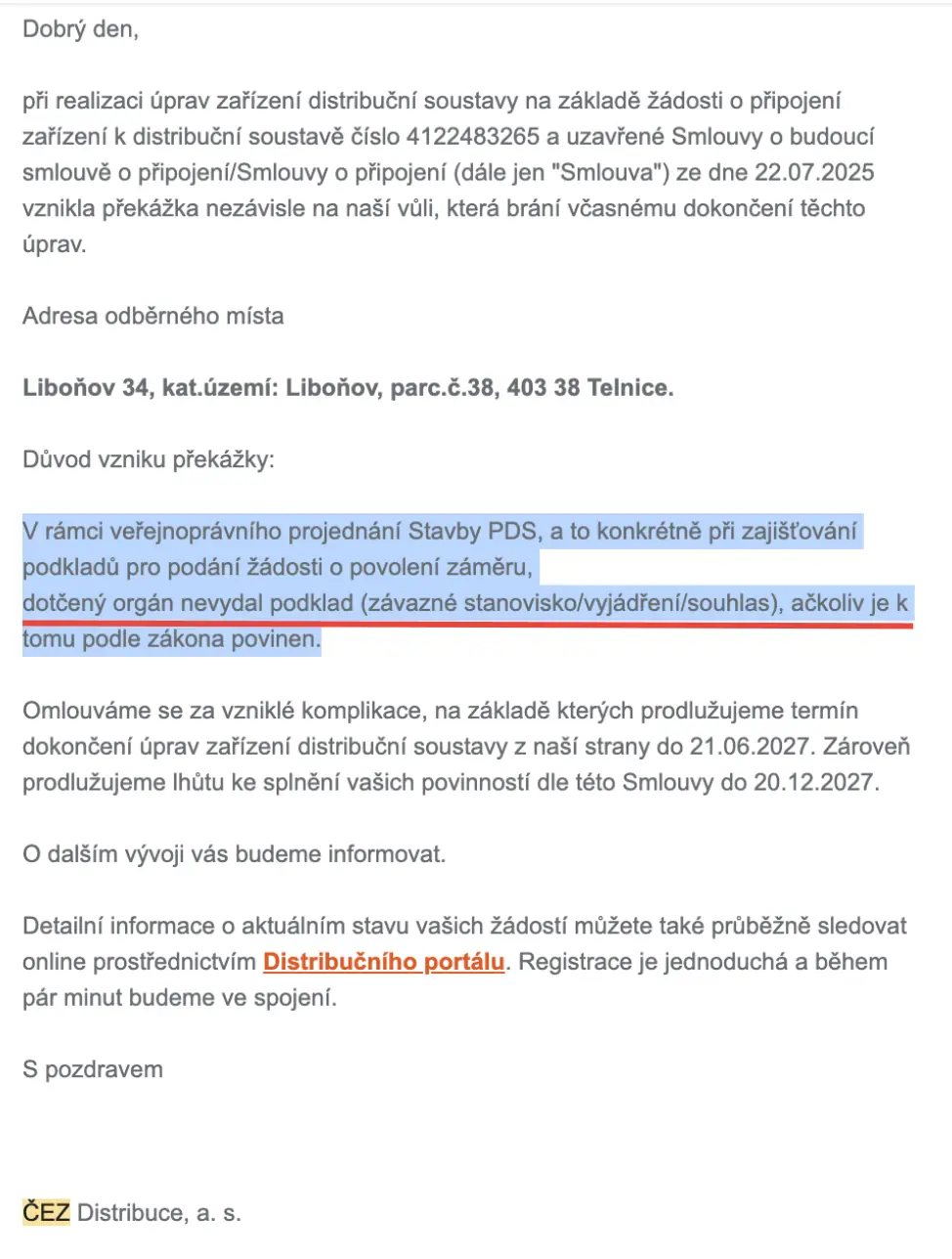 Vyjádření ČEZ Distribuce k překážce při povolovacím procesu