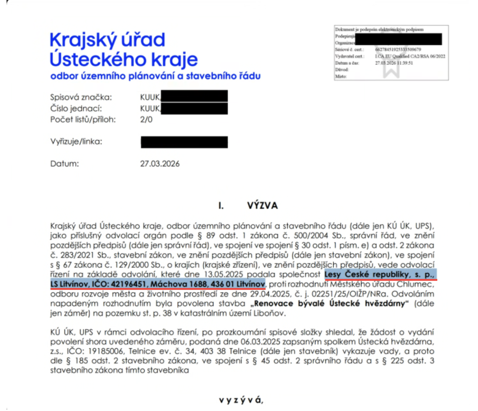 Výzva Krajského úřadu Ústeckého kraje k řízení o renovaci bývalé Ústecké hvězdárny