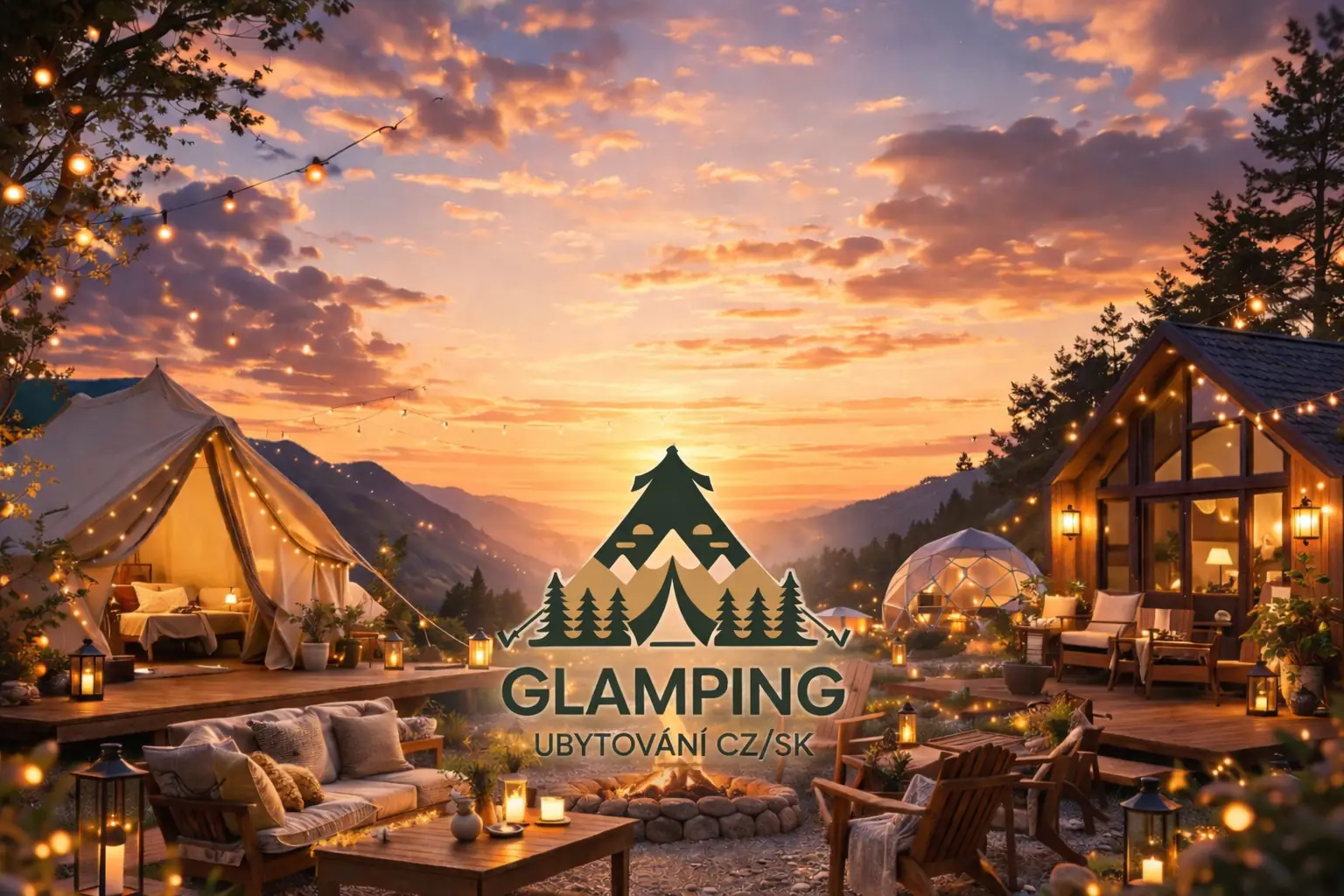 Glamping ubytování v přírodě při západu slunce
